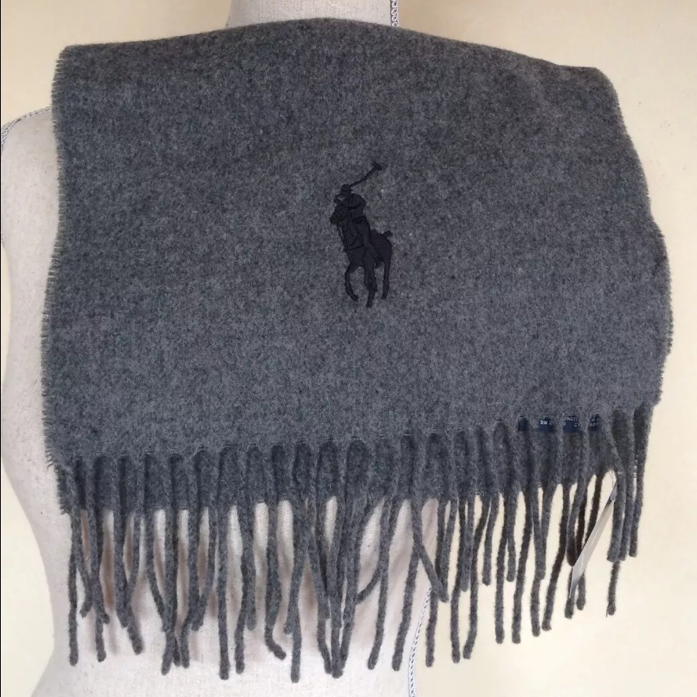 RALPH LAUREN Gray Wool Scarf Black Polo Pony NWT - Picture 2 of 4